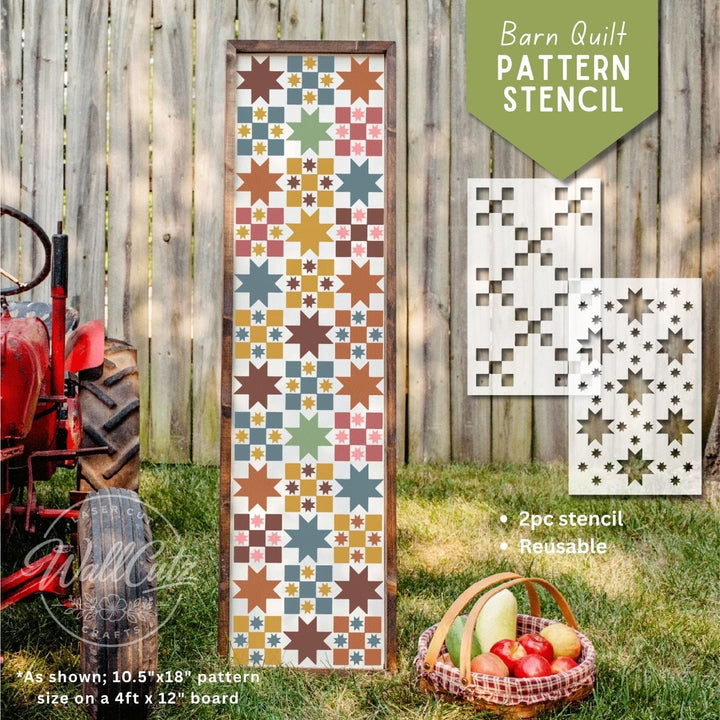 Barn Quilt star pattern reusable stencil painted on a wood sign in four available sizes – WallCutz