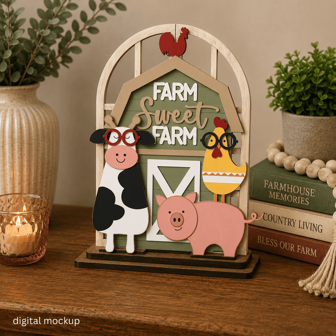 Barnyard animals farm scene assembled in the WallCutz interchangeable arched window kit