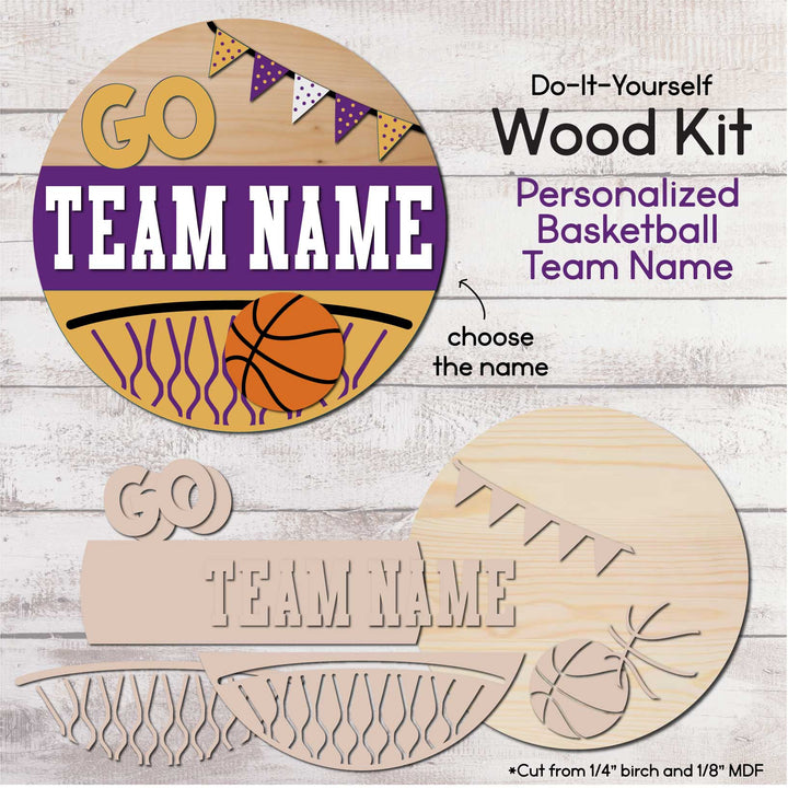 Personalized Basketball Team Name wood kit unpainted laser-cut MDF pieces laid out before assembly – WallCutz