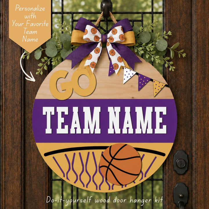 Personalized Basketball Team Name door hanger wood kit painted in team colors with basketball net and banner – WallCutz