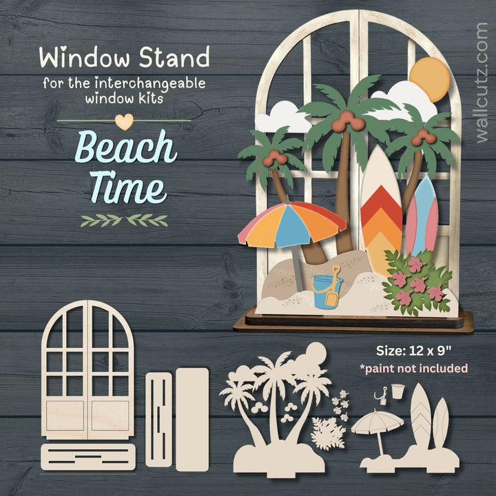 Beach Time interchangeable wood window kit with palm trees, surfboards, and umbrella summer scene – WallCutz