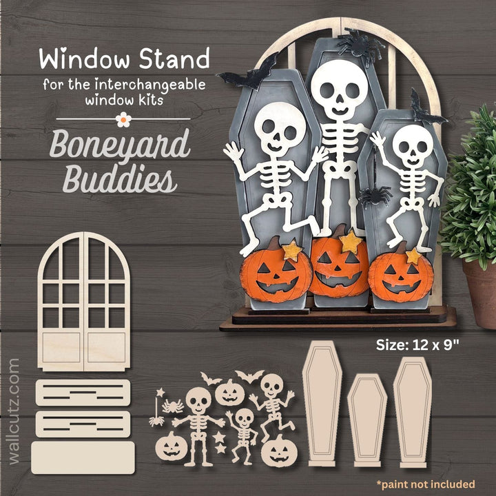 Boneyard Buddies interchangeable wood window kit with painted skeletons, coffins and Halloween pumpkins – WallCutz