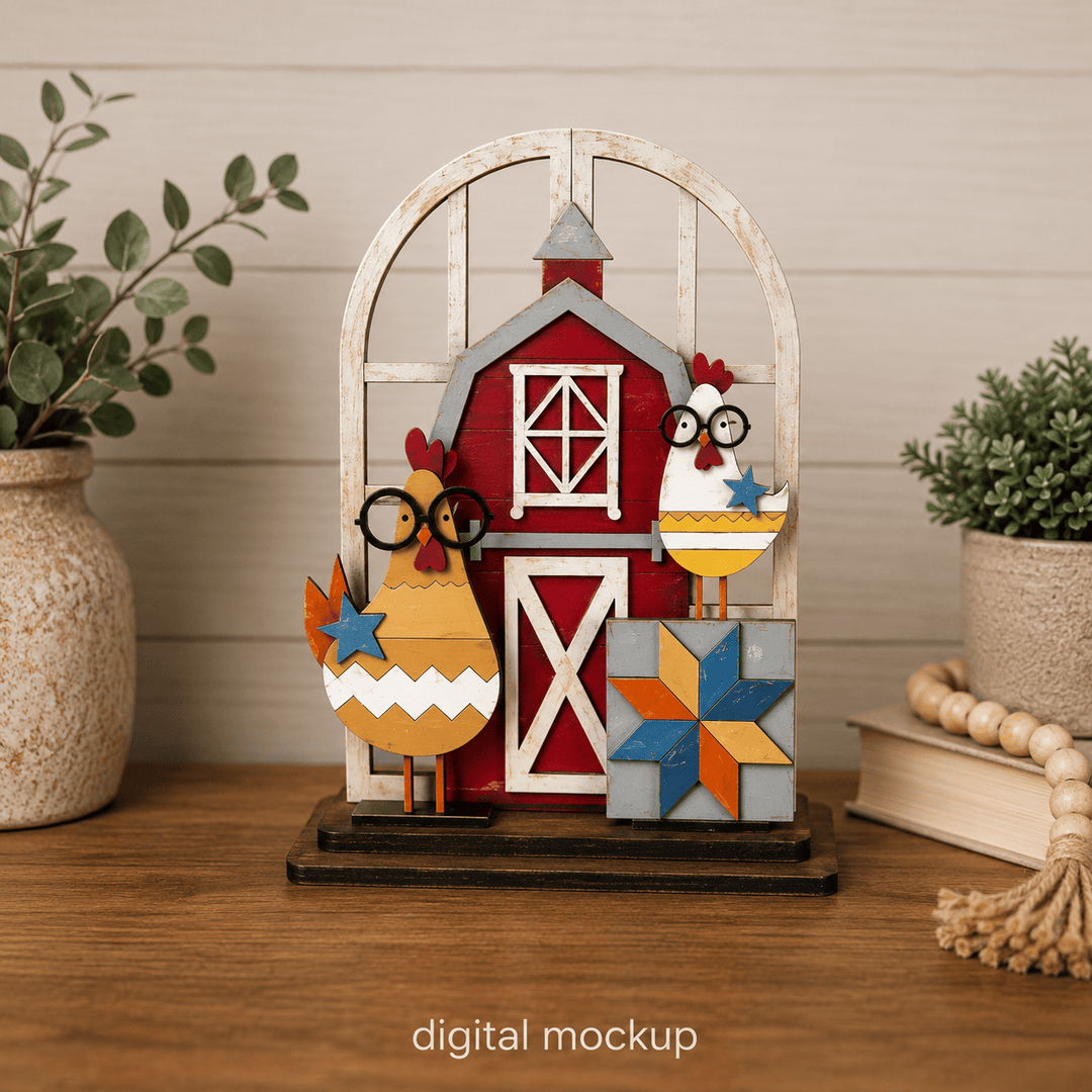 Chicken farm scene with two chickens and barn assembled in the WallCutz interchangeable window kit