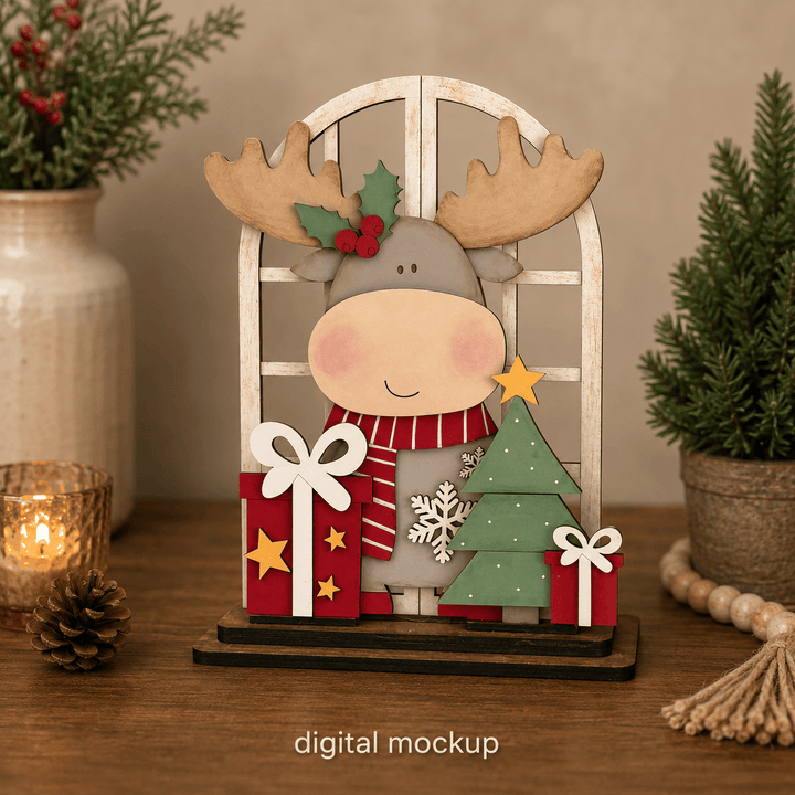 Christmas moose with gifts scene assembled in the WallCutz interchangeable window kit
