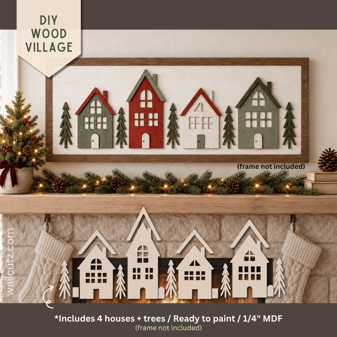 Christmas village DIY wood kit with painted houses and trees on a wood board