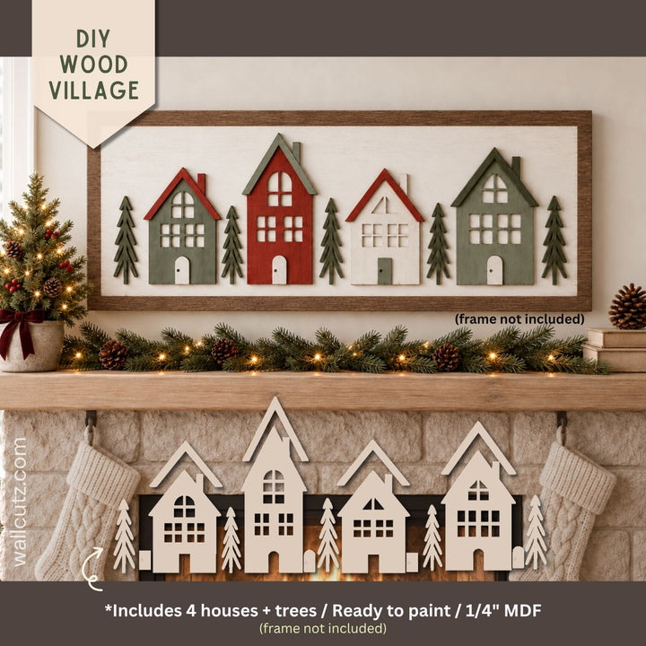 Christmas village DIY wood kit with painted houses and trees on a wood board