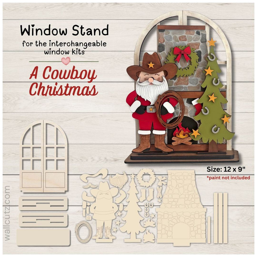 Cowboy Christmas interchangeable wood window kit with cowboy Santa, horseshoe tree and stockings – WallCutz