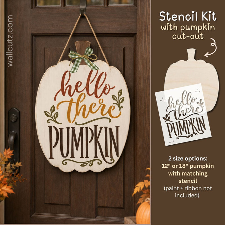 Hello There Pumpkin wood cut-out and stencil kit – MDF pumpkin blank with fall face stencil for shelf sitter or porch sign – WallCutz