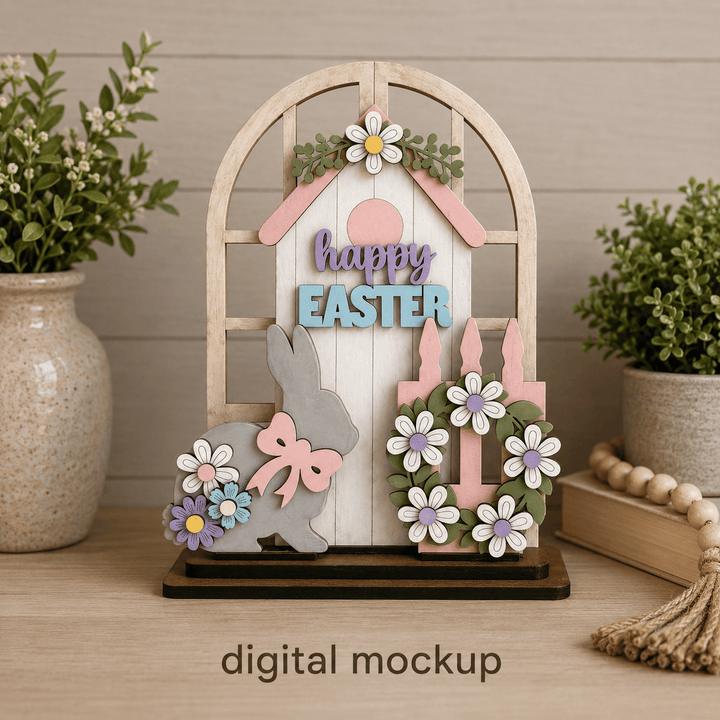 Easter bunny, birdhouse, and flower wreath assembled in the WallCutz interchangeable window kit