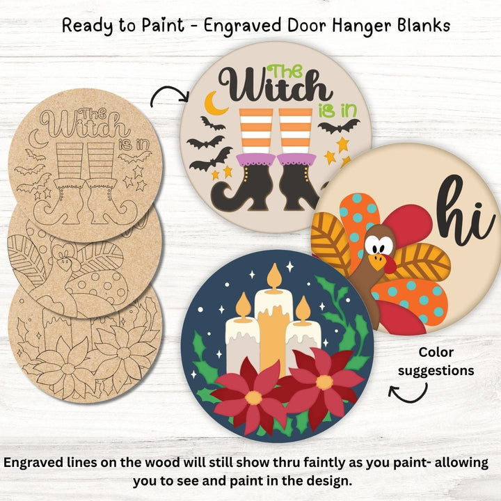 WallCutz  Engraved Door Hanger Blanks / Paint in the Lines / Witch, Turkey, Candles Wood Kit