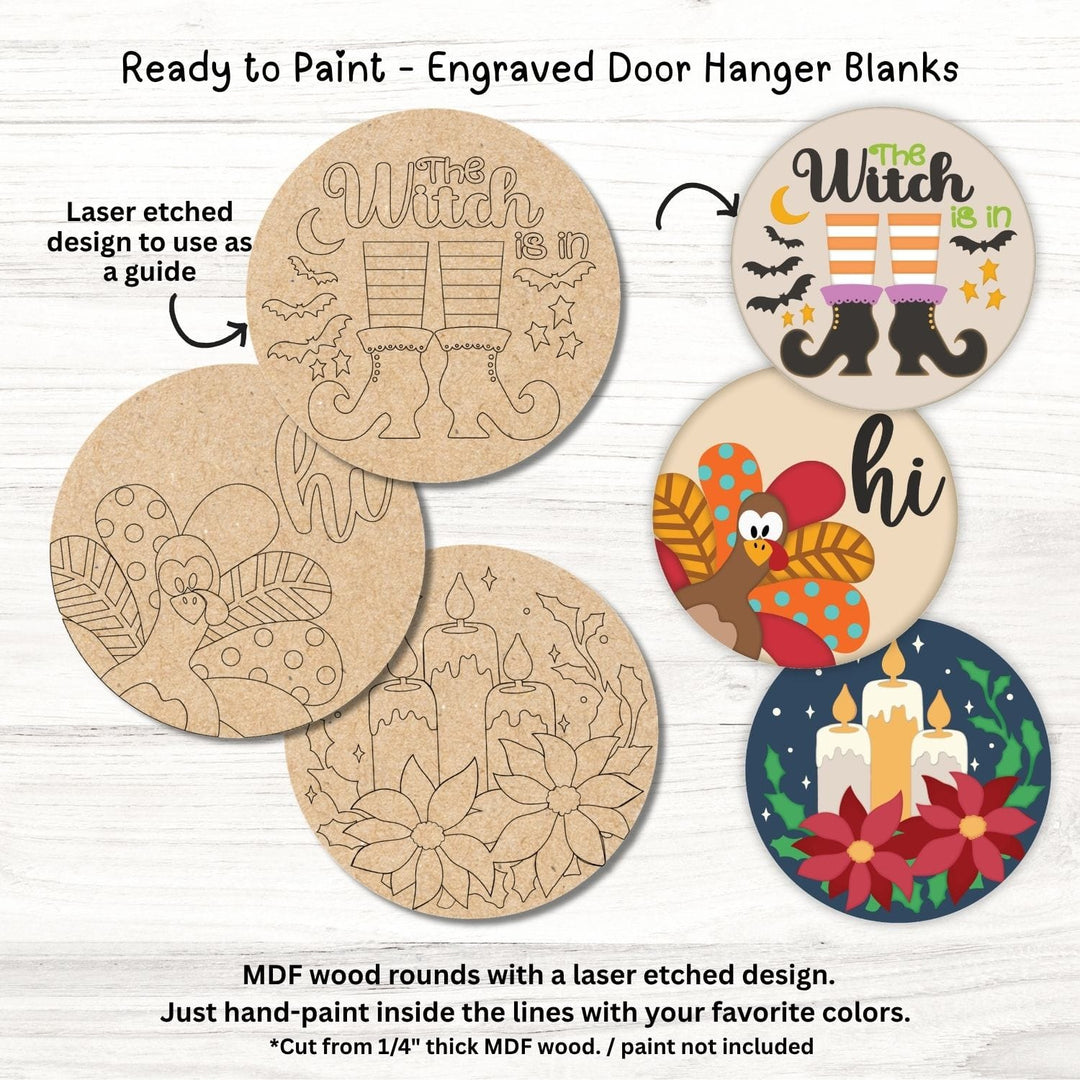 WallCutz  Engraved Door Hanger Blanks / Paint in the Lines / Witch, Turkey, Candles Wood Kit