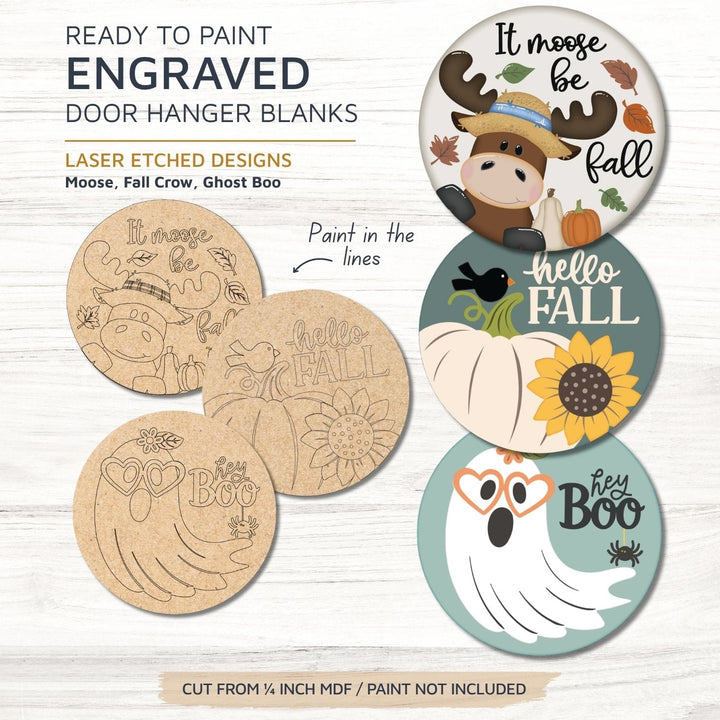 Moose, Crow Pumpkin & Boo Ghost – Engraved MDF Door Hanger Craft