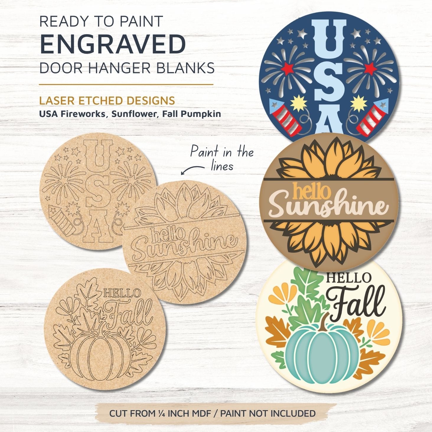 どんぐりアート♡ライト付き紫陽花オブジェ＆ライト付き紫陽花タペストリー♡ Sunflower, USA Fireworks & Hello Fall – Engraved MDF Door Hanger