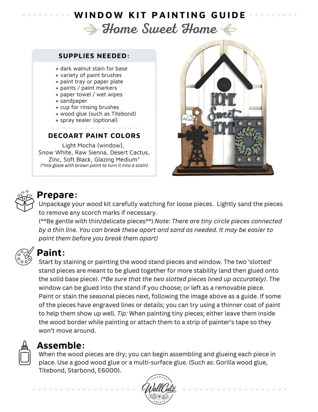 Farmhouse Home Sweet Home wood kit displayed in the WallCutz interchangeable window stand