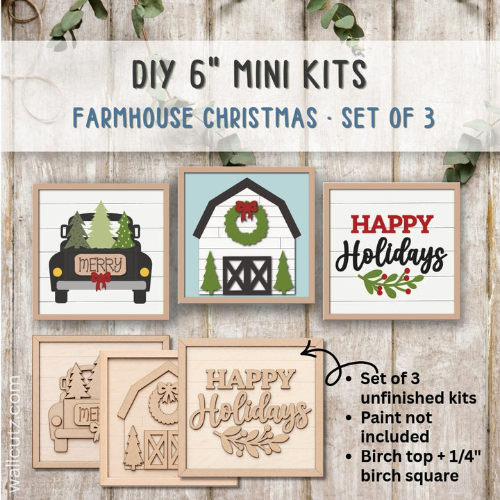 Three 6 inch square farmhouse Christmas mini wood kits with a barn, farm truck with trees and Happy Holidays sign – WallCutz