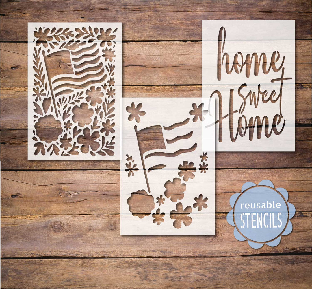 Floral Flag Pattern Home Sweet Home - Porch Leaner Stencil