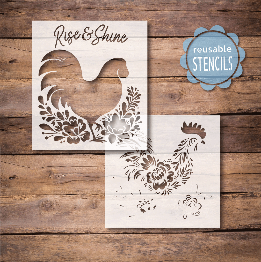 WallCutz  Floral Rooster Stencil / Rise and Shine Stencil