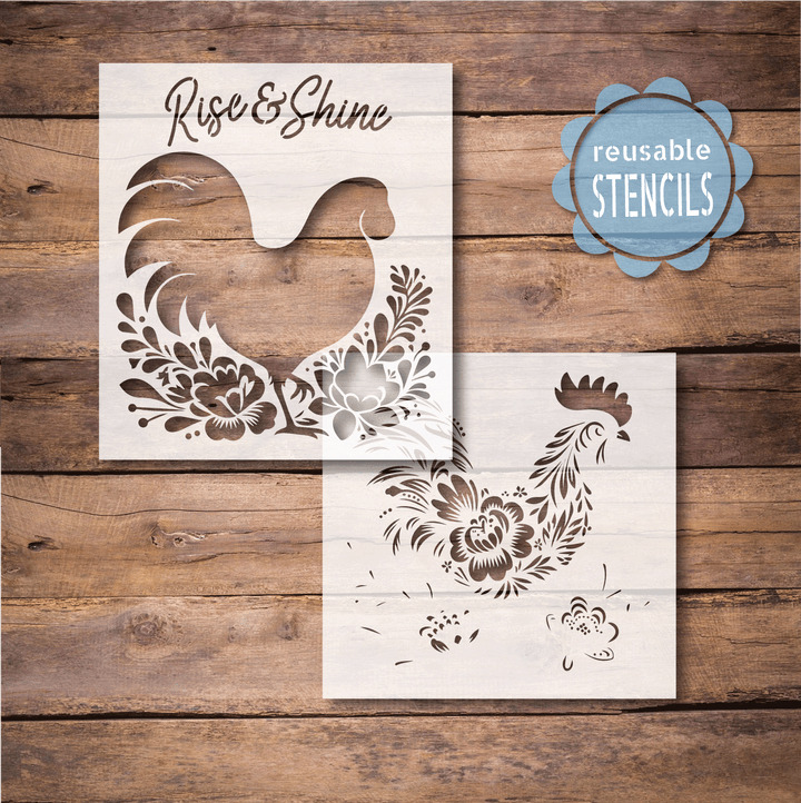 WallCutz  Floral Rooster Stencil / Rise and Shine Stencil