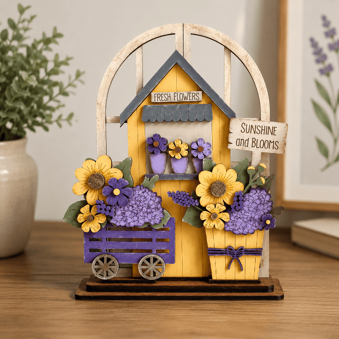 WallCutz  Flower Market Spring Wood Kit – Interchangeable Arched Window Insert with Flower Cart & Pot Wood Kit
