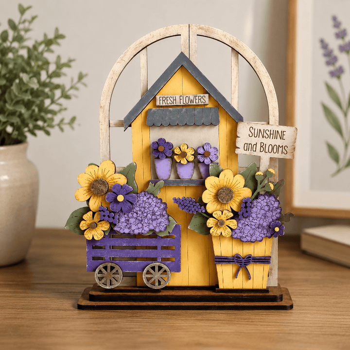 WallCutz  Flower Market Spring Wood Kit – Interchangeable Arched Window Insert with Flower Cart & Pot Wood Kit