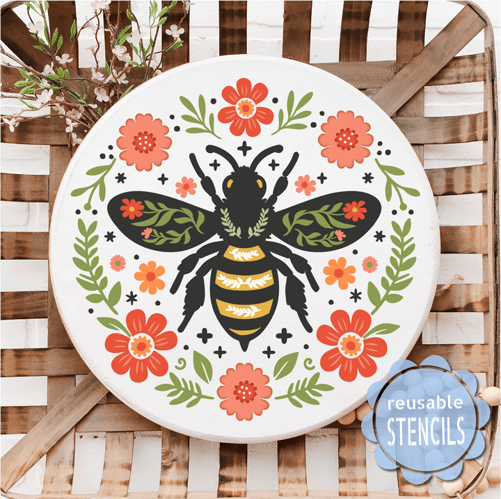 WallCutz  Folk Art Bee Floral Stencil Stencil