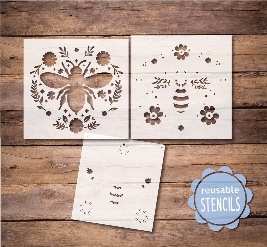 WallCutz  Folk Art Bee Floral Stencil Stencil