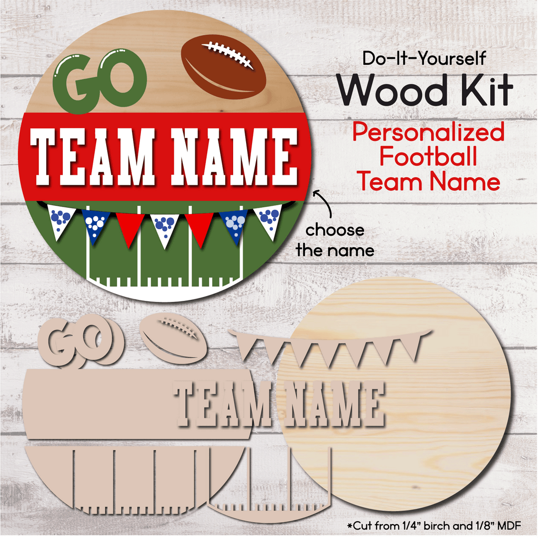 Personalized Football Team Name wood kit unpainted laser-cut MDF pieces laid out before assembly – WallCutz