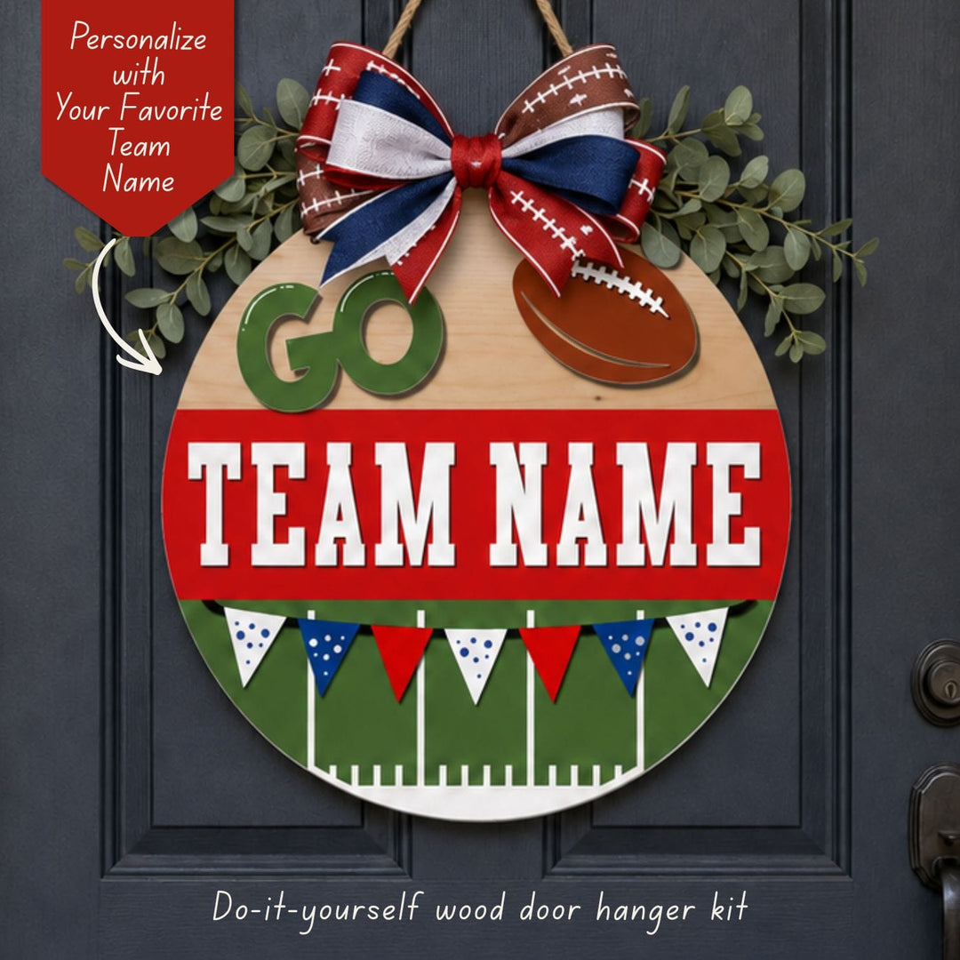 Personalized Football Team Name door hanger wood kit with team banner and football field design – WallCutz