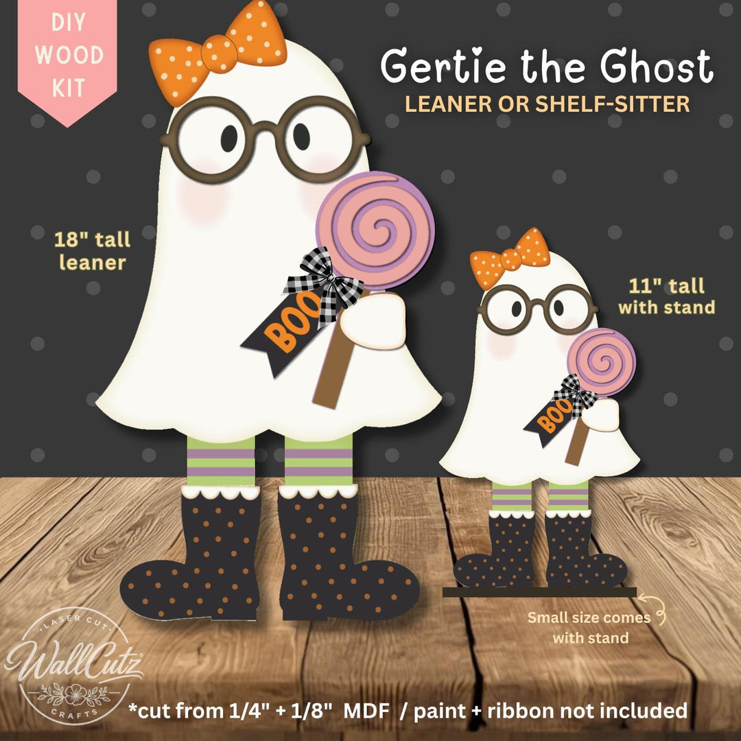 Gertie Ghost DIY wood kit – painted ghost leaner and shelf sitter sizes shown – WallCutz