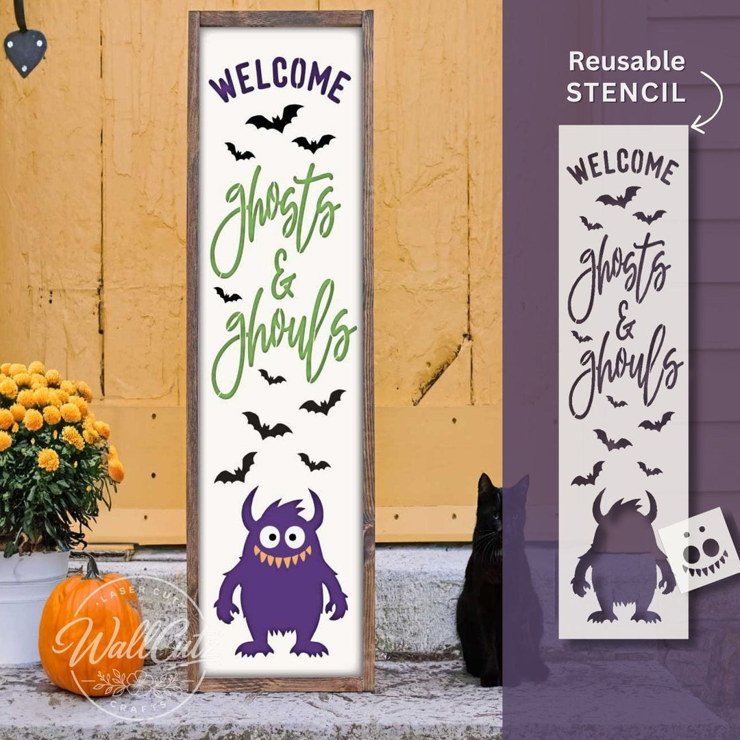 Welcome Ghosts and Ghouls porch stencil with cute monster and bats painted on a porch leaner