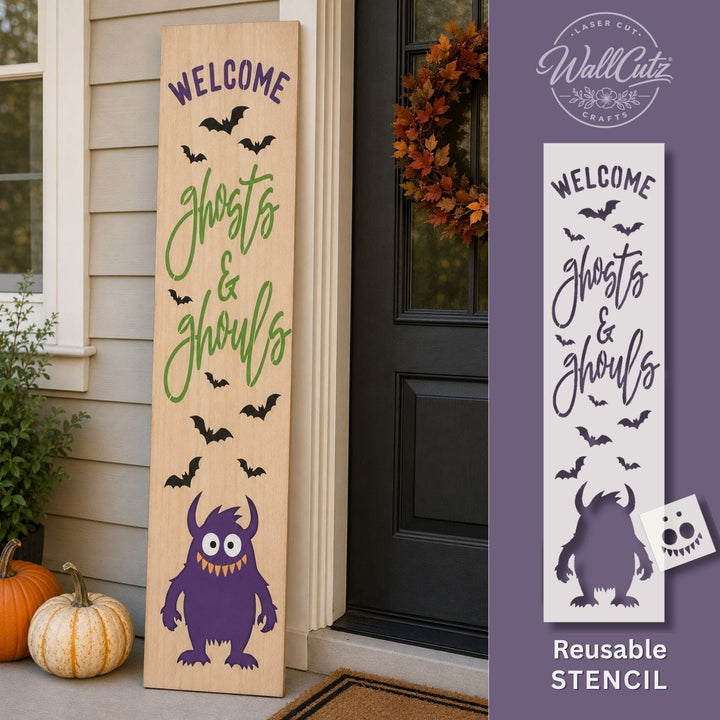 Reusable Welcome Ghosts and Ghouls mylar porch stencil shown with finished Halloween sign