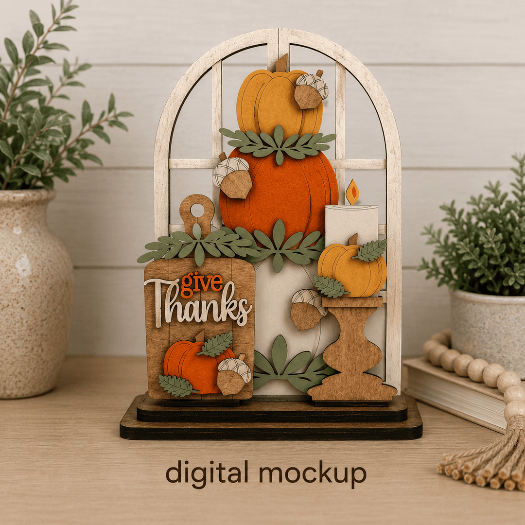 Give Thanks stacked fall pumpkins assembled in the WallCutz interchangeable window kit