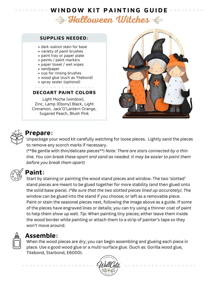 Halloween witches and black cat wood kit displayed in the WallCutz interchangeable window stand