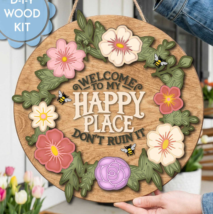 WallCutz  Happy Place Flower Wreath / Door Hanger Kit wood kit