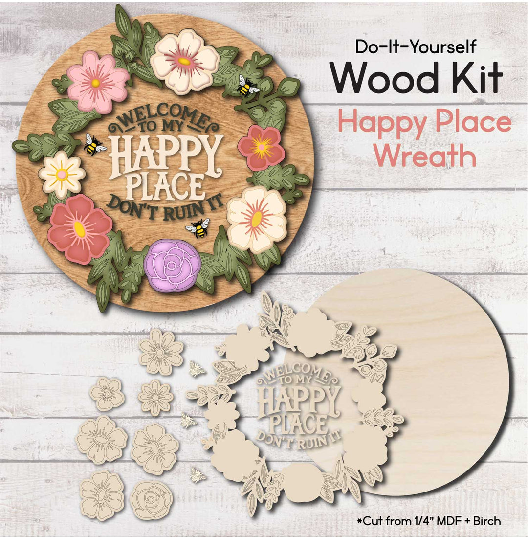 WallCutz  Happy Place Flower Wreath / Door Hanger Kit wood kit