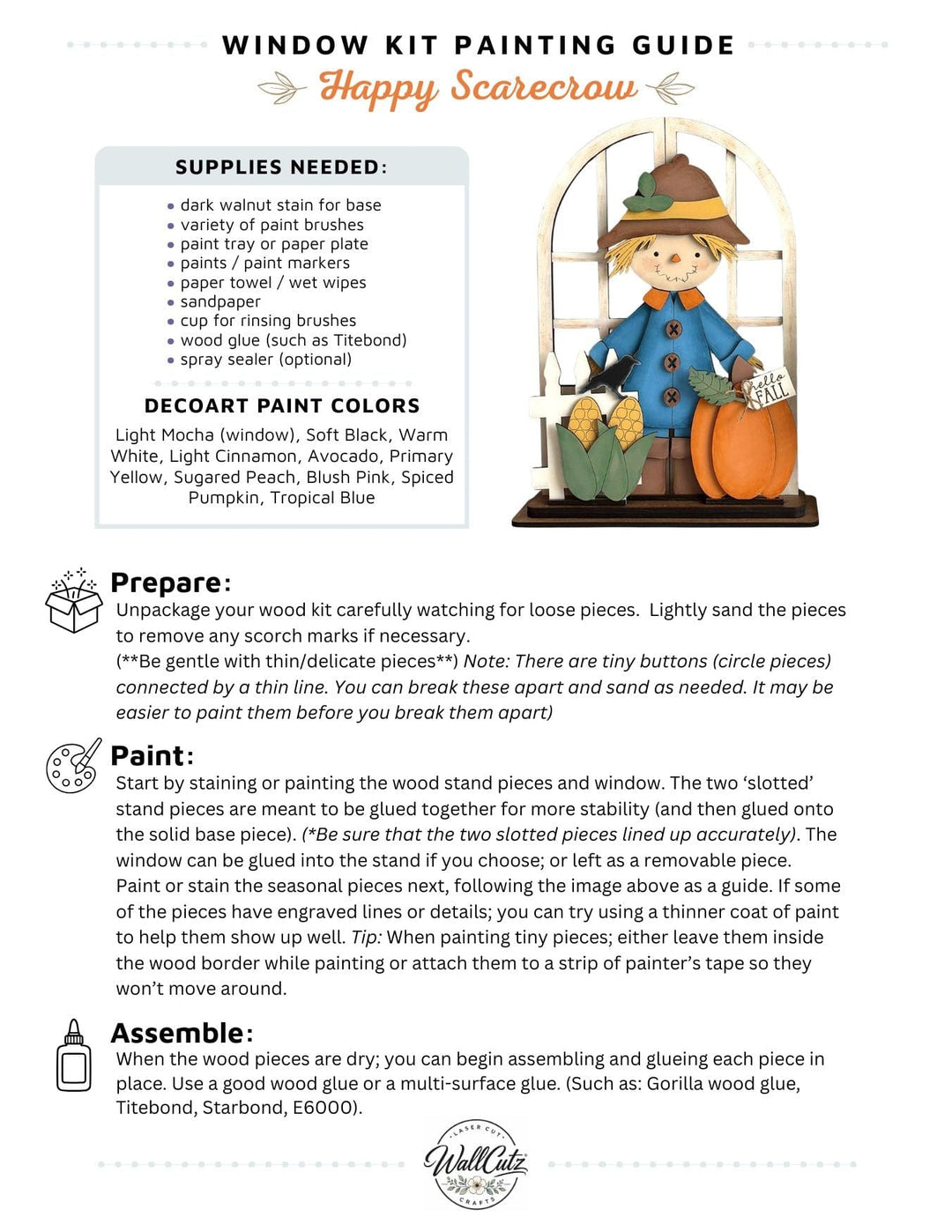 Happy scarecrow fall harvest wood kit displayed in the WallCutz interchangeable window stand