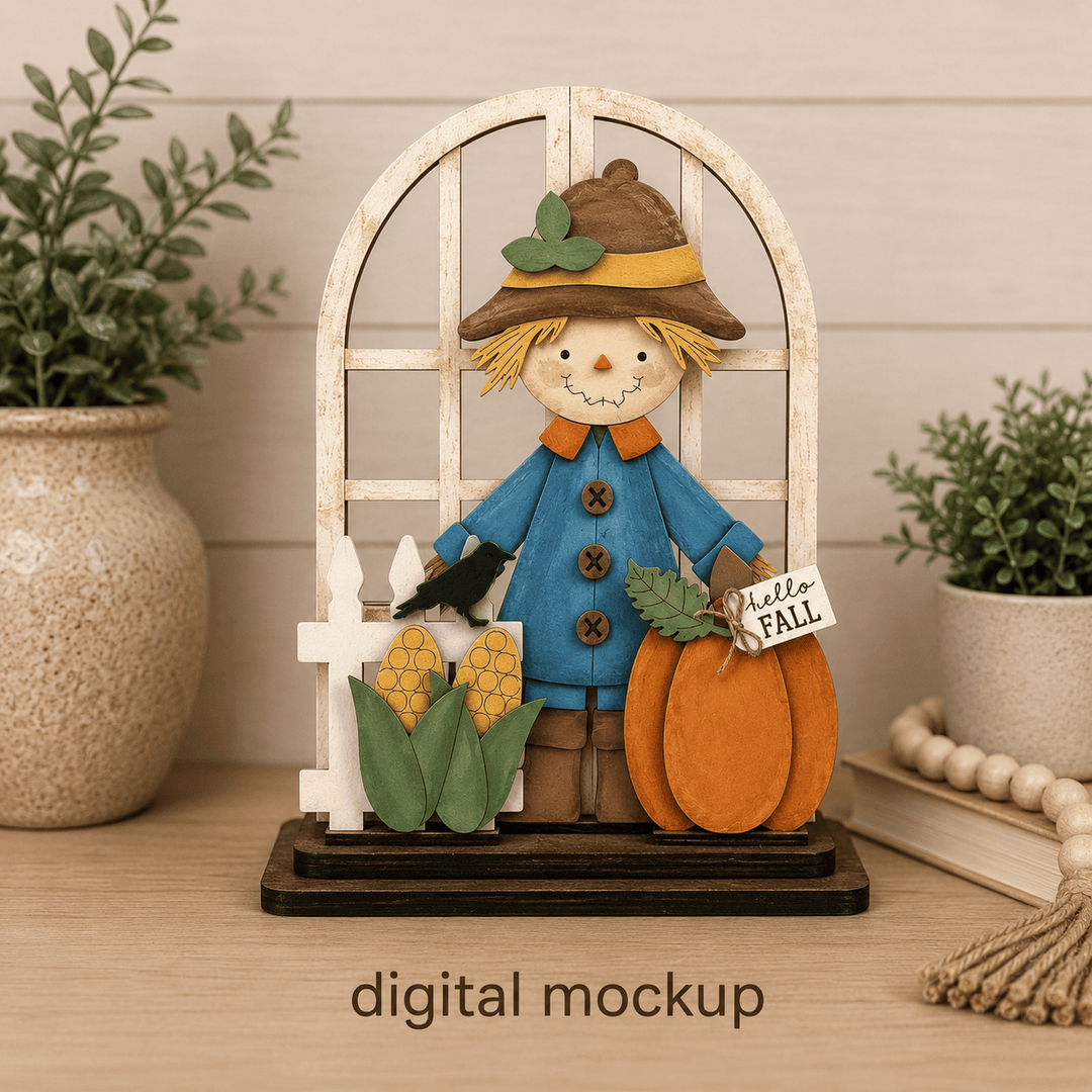 Smiling scarecrow with pumpkins and corn assembled in the WallCutz interchangeable window kit