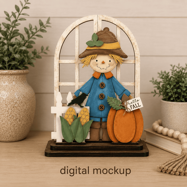 Smiling scarecrow with pumpkins and corn assembled in the WallCutz interchangeable window kit