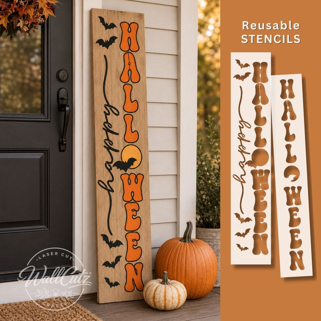 Happy Halloween porch stencil with bubble letters, moon, and bats painted on a wood porch leaner