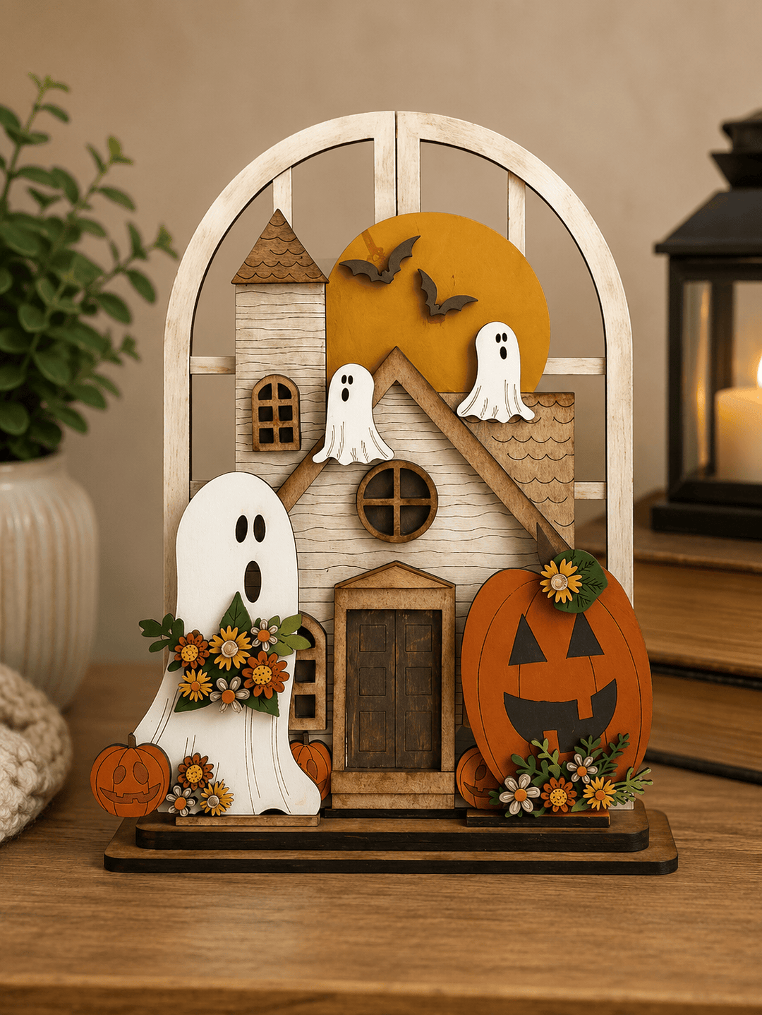 WallCutz  Haunted House Fall Wood Kit – Interchangeable Arched Window Insert with Bats, Ghost, Pumpkin, Moon & Trees Wood Kit