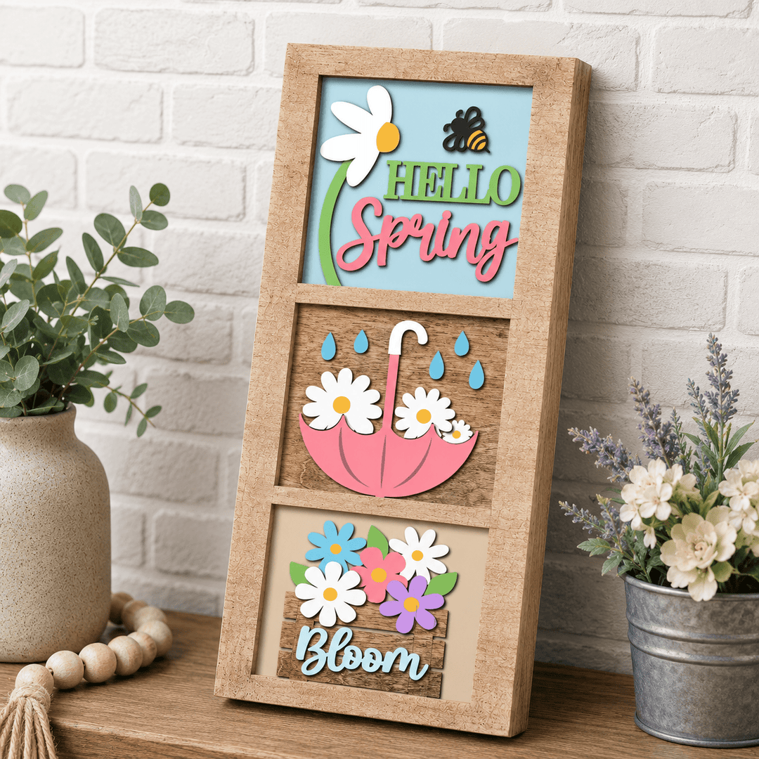 WallCutz  Hello Spring Flowers & Umbrella – Interchangeable 5x5 Wood Kit Wood Kit