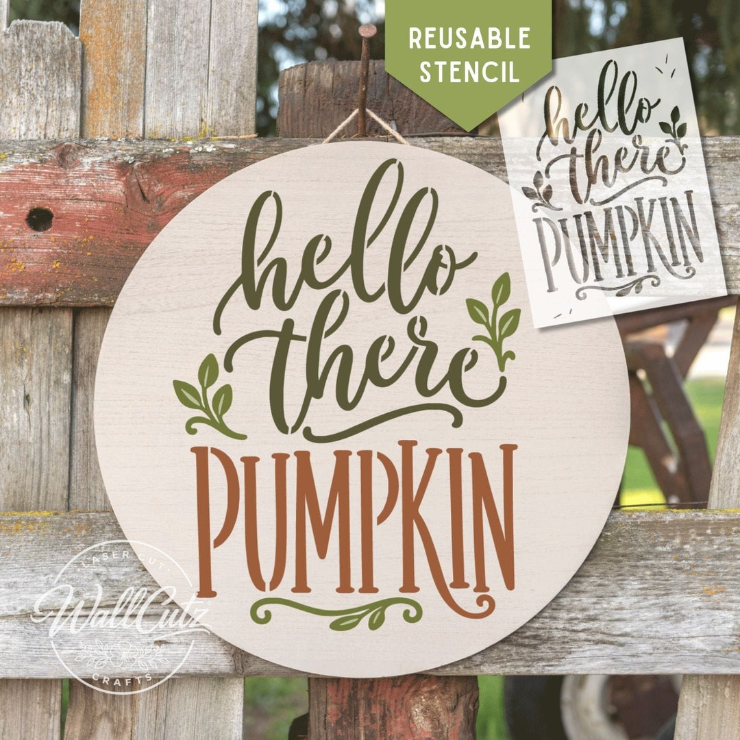 Hello There Pumpkin mylar stencil with pumpkin, vines, and fall leaves
