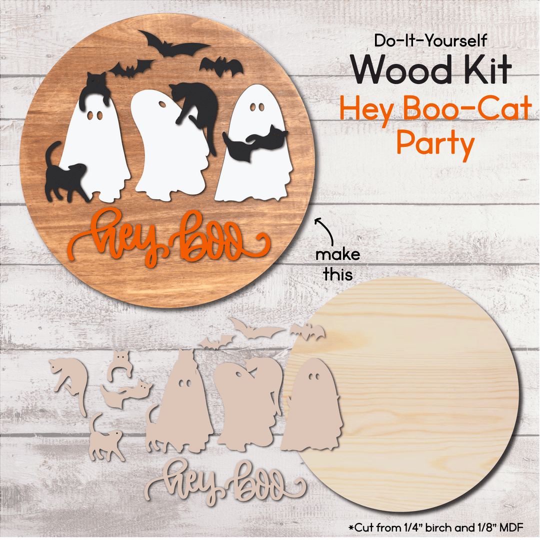 Hey Boo Ghost Cat Party - Door Hanger Wood Kit