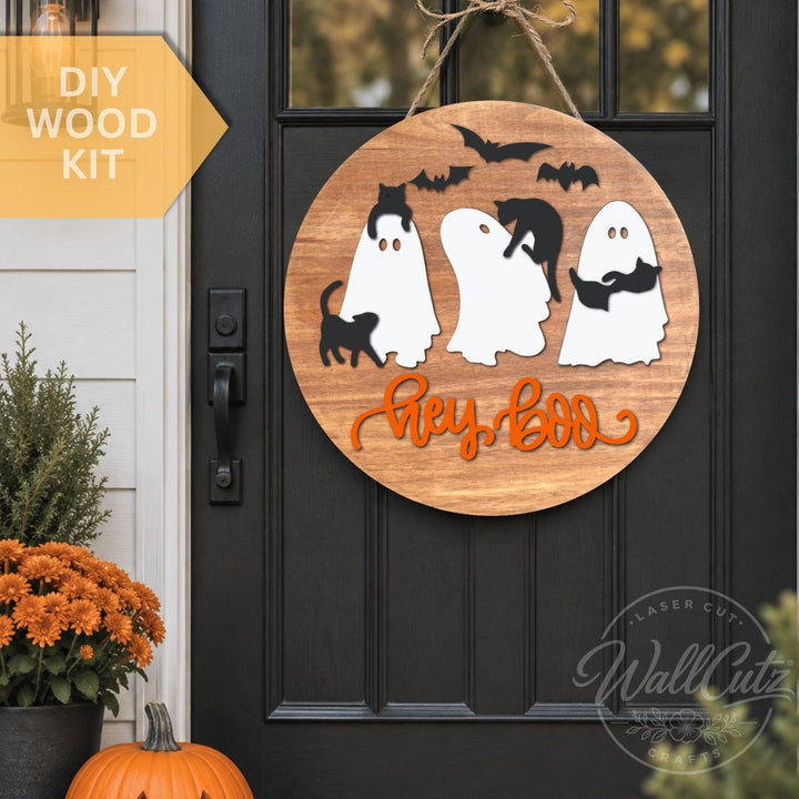 Hey Boo Ghost Cat Party - Door Hanger Wood Kit