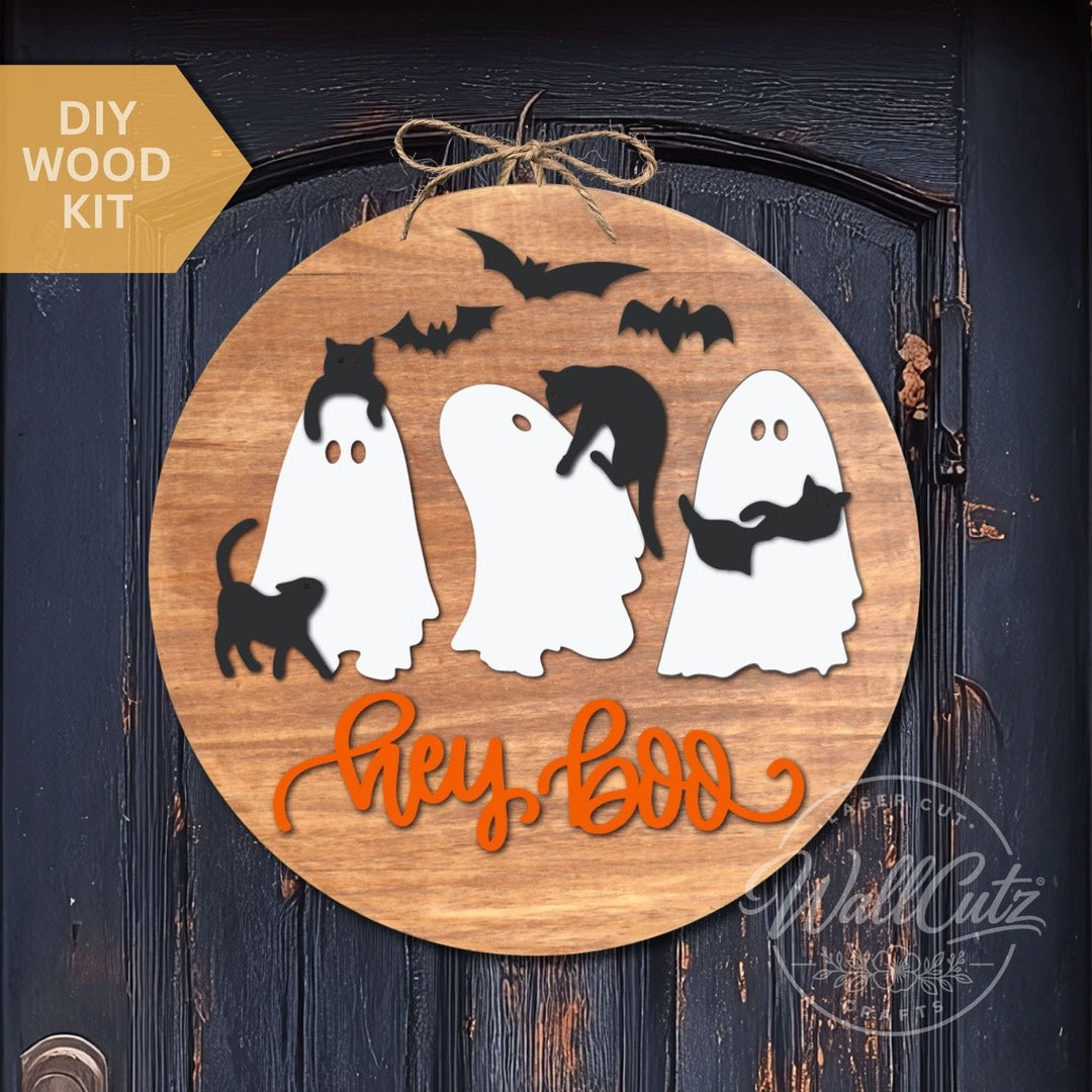 Hey Boo Ghost Cat Party - Door Hanger Wood Kit