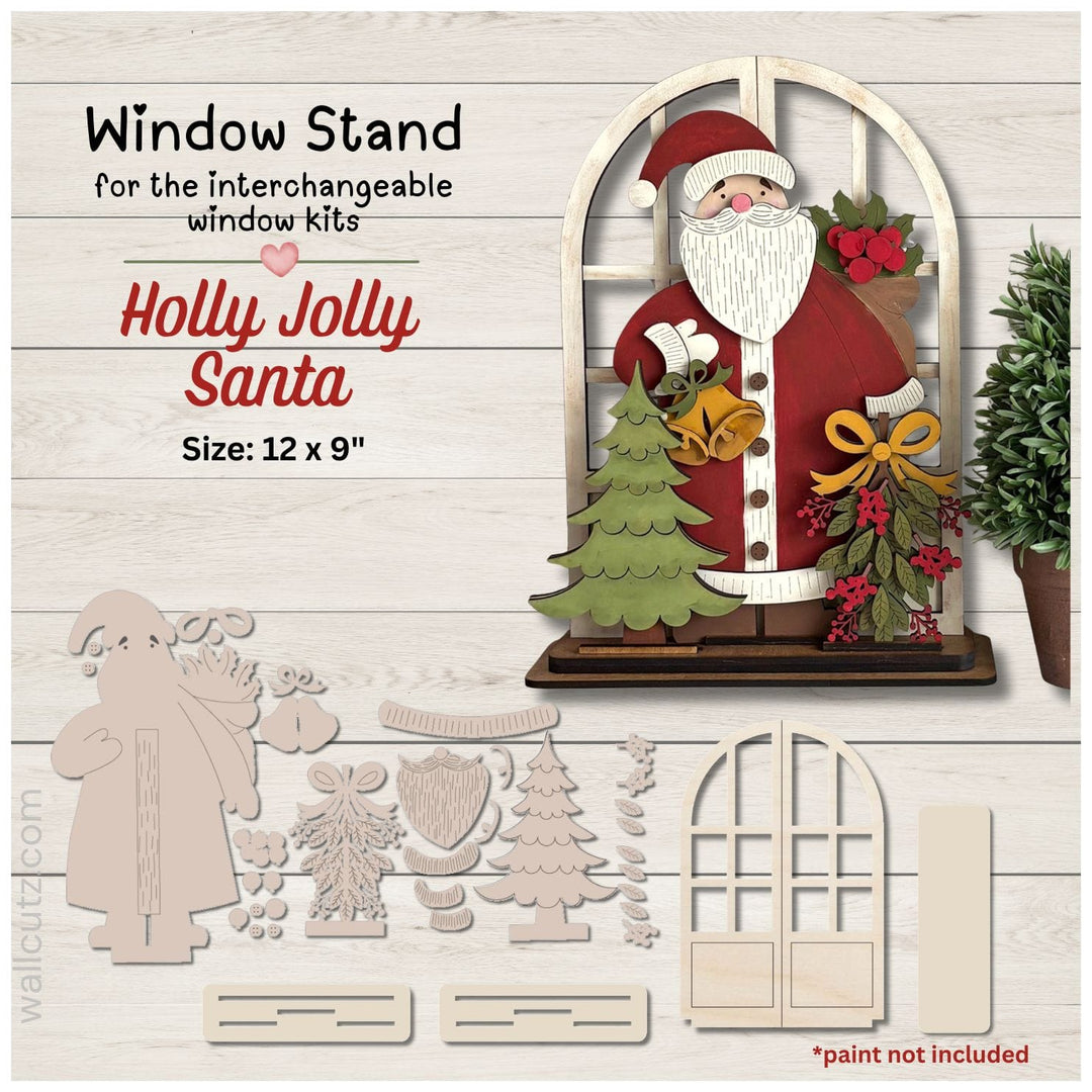 Holly Jolly Santa Claus interchangeable wood window kit with vintage Santa, holly and tree – WallCutz