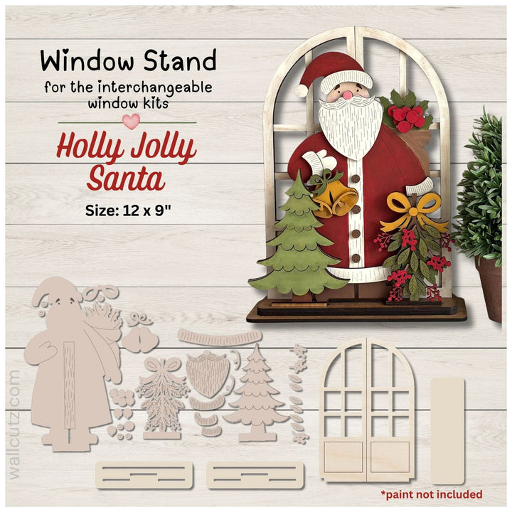 Holly Jolly Santa Claus interchangeable wood window kit with vintage Santa, holly and tree – WallCutz