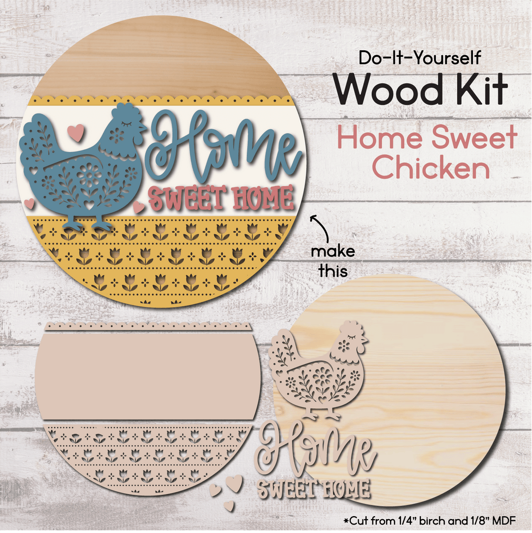 Home Sweet Chicken wood kit unpainted laser-cut MDF pieces laid out before assembly – WallCutz