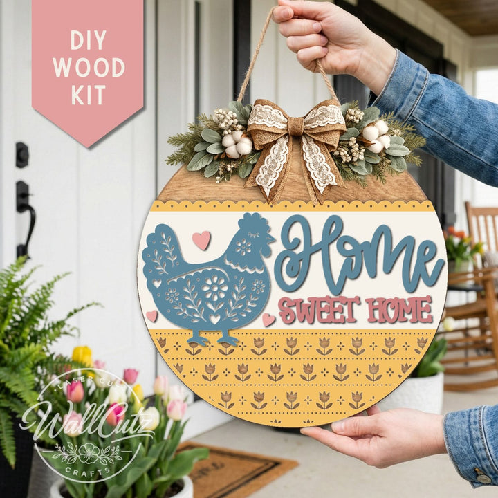 Home Sweet Chicken door hanger wood kit with painted farmhouse chicken and floral design – WallCutz