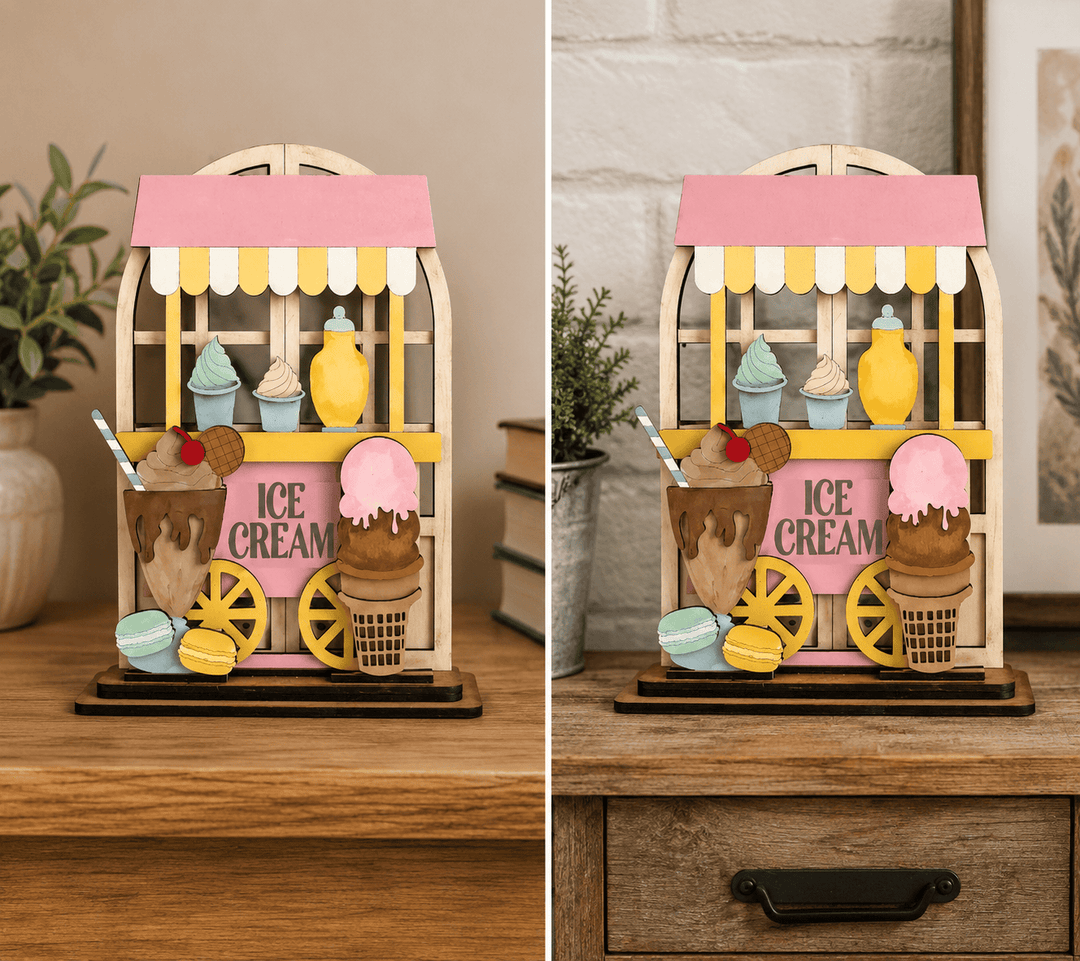 WallCutz  Ice Cream Parlor Summer Wood Kit – Interchangeable Arched Window Insert with Cart, Sundae, Cone & Macarons Wood Kit